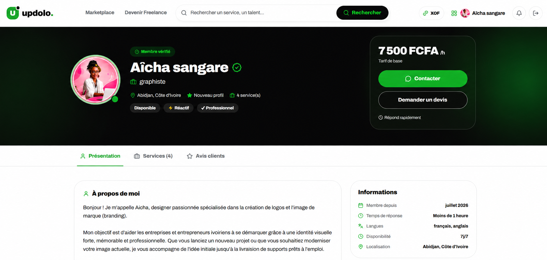 Profil public d'un freelance Updolo avec badge vérifié, tarif et services