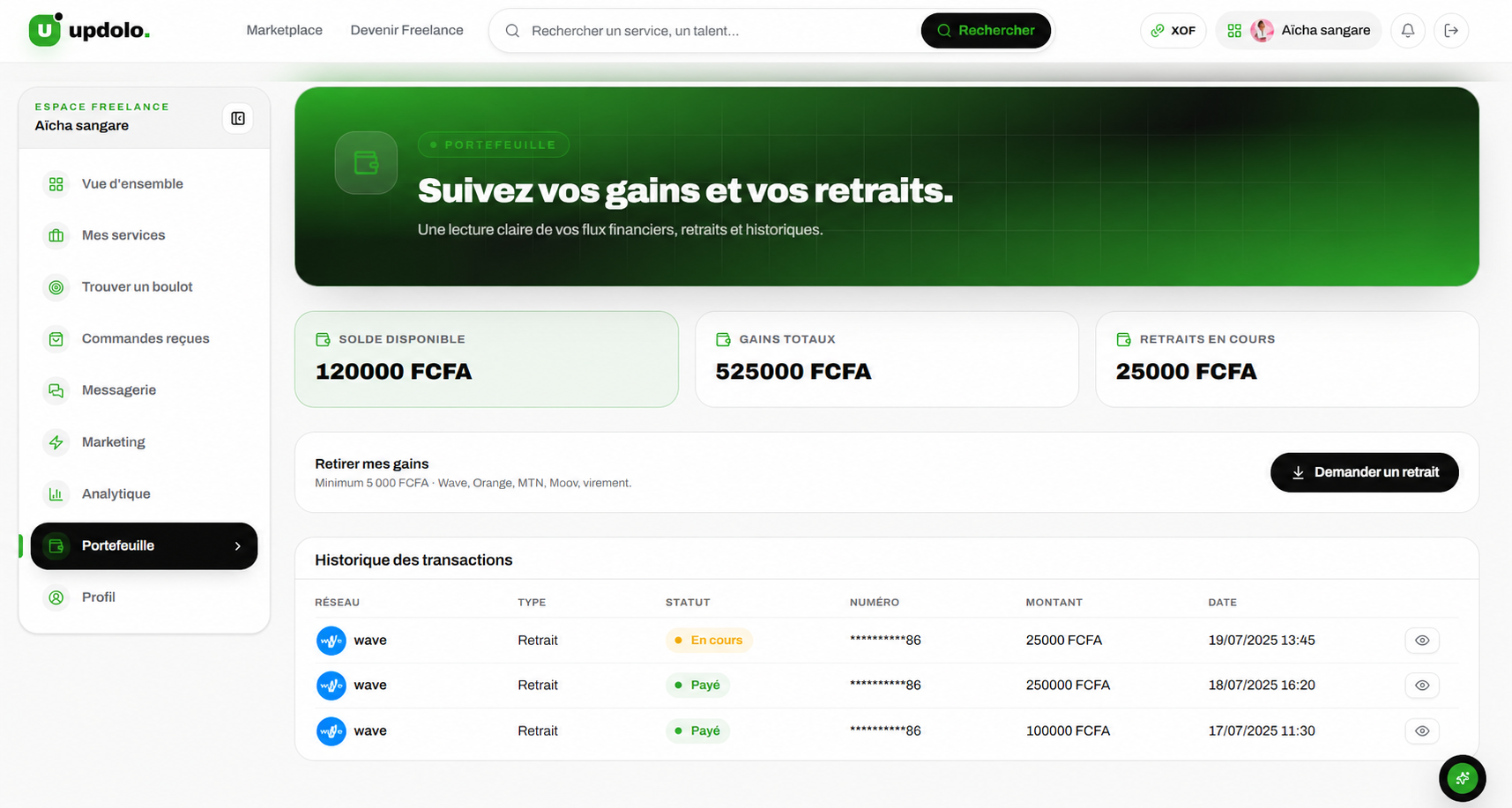 Portefeuille Updolo avec solde disponible, gains totaux et historique des retraits